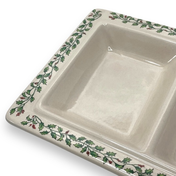 Ceramic Christmas Vintage Off White Holly Berry Trim Platter w/ 3 Compartments - Picture 7 of 13